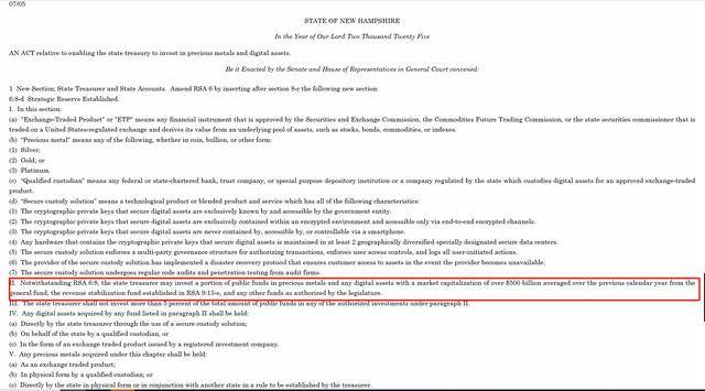 全美首个！新罕布什尔州将建比特币储备 允许5%公共资金投资比特币