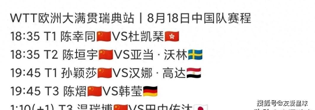 8月18日中央五台直播乒乓球时间表，CCTV5+直播孙颖莎瑞典赛首秀