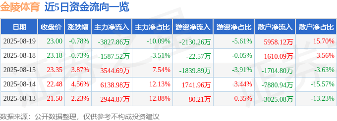 股票行情快报：金陵体育（300651）8月19日主力资金净卖出3827.86万元